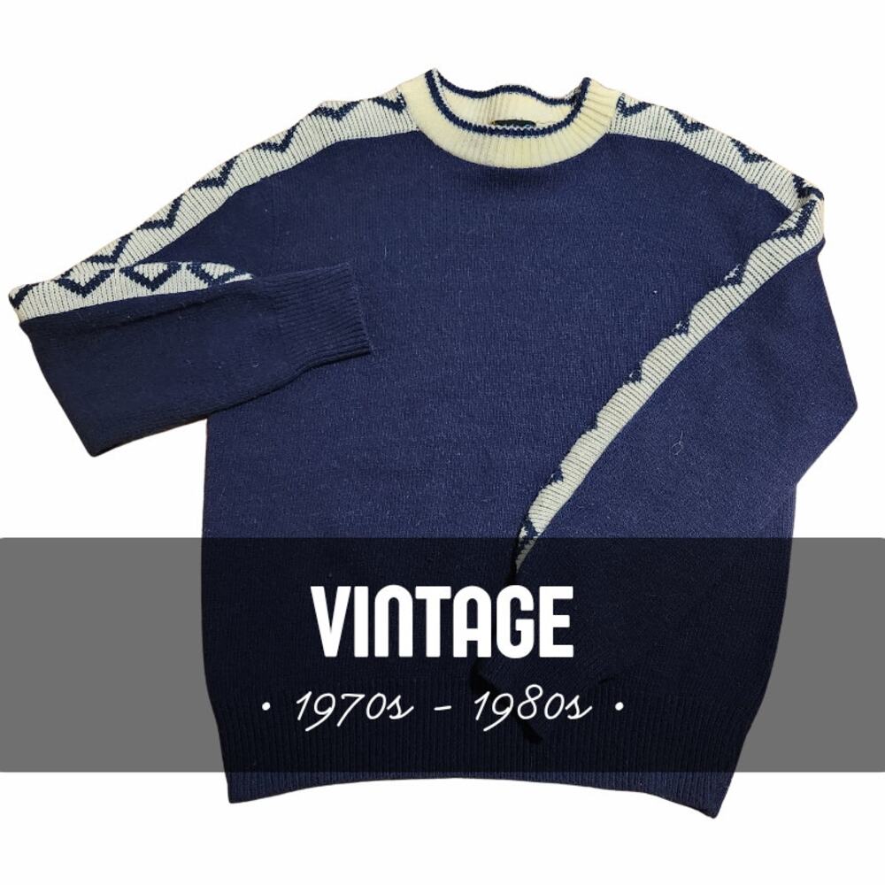 Vintage Van Cort Navy Blue Knit Sweater with Geometric Diamond Sleeves - Size L